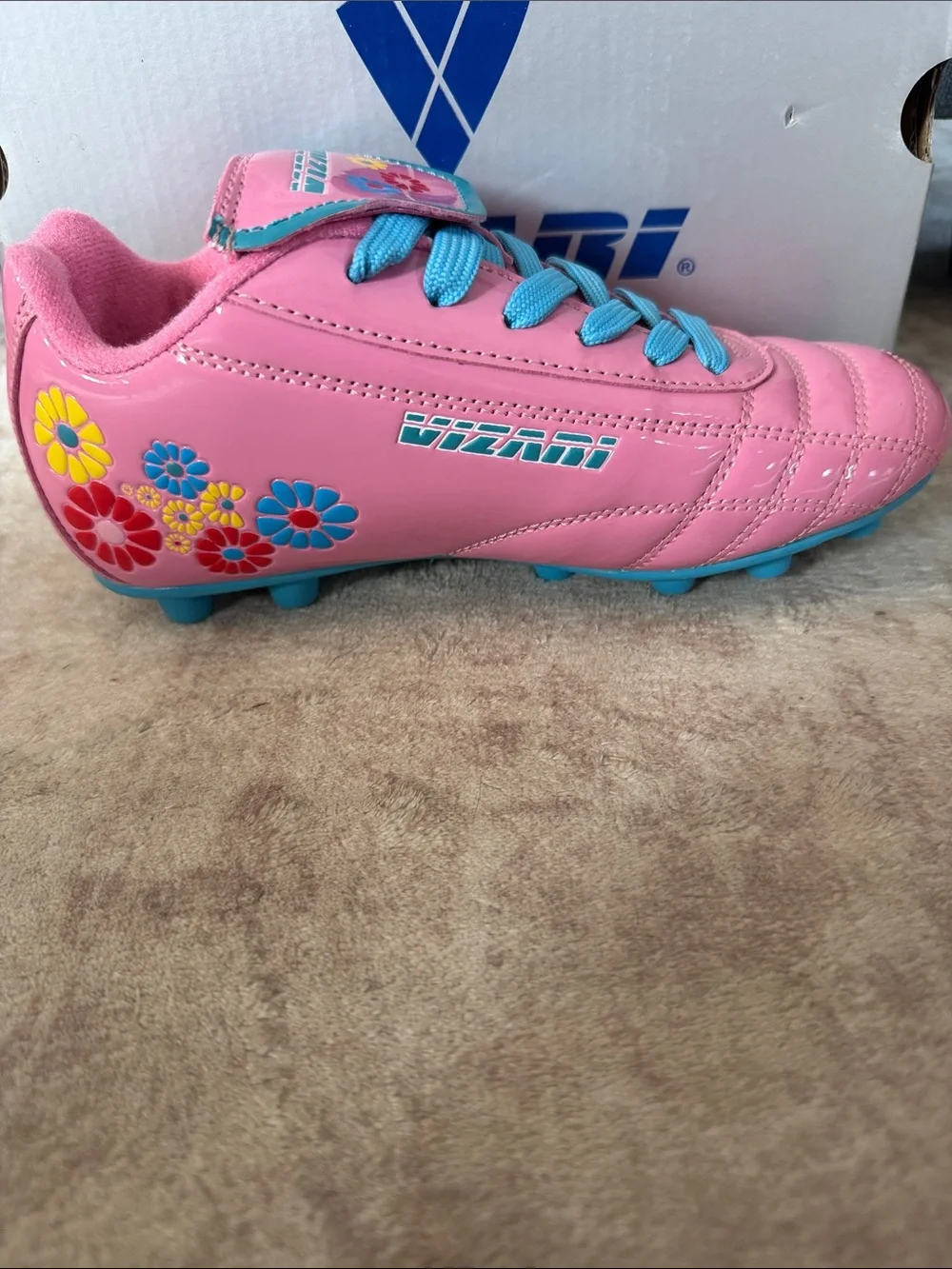 Vizari Kids' Blossom Pink Floral Soccer Cleats with Blue Accents